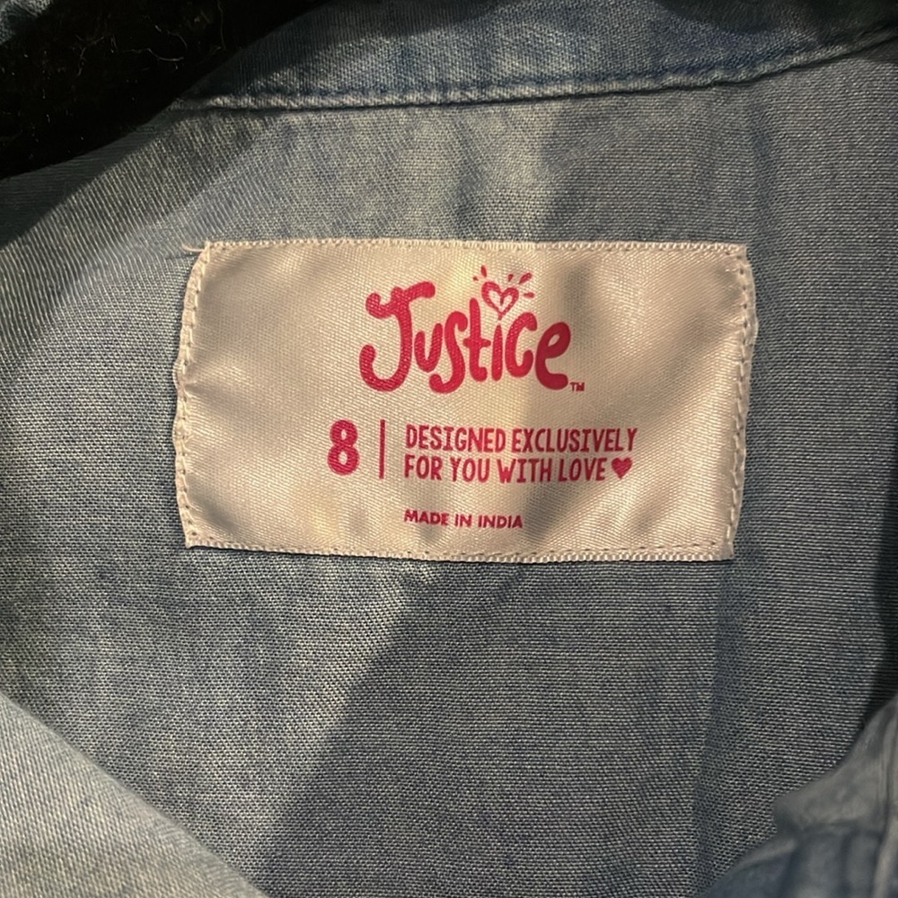 3/$20 Justice Girls Denim Blouse Size 8 - Button-Up Knot Front Shirt - Picture 4 of 10